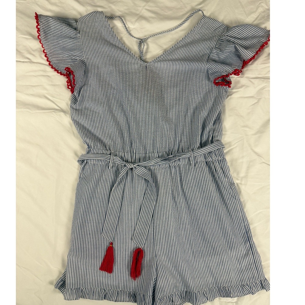 THML Blue White Striped Romper Pink Tassel Accents Size M Nautical Summer V-Neck